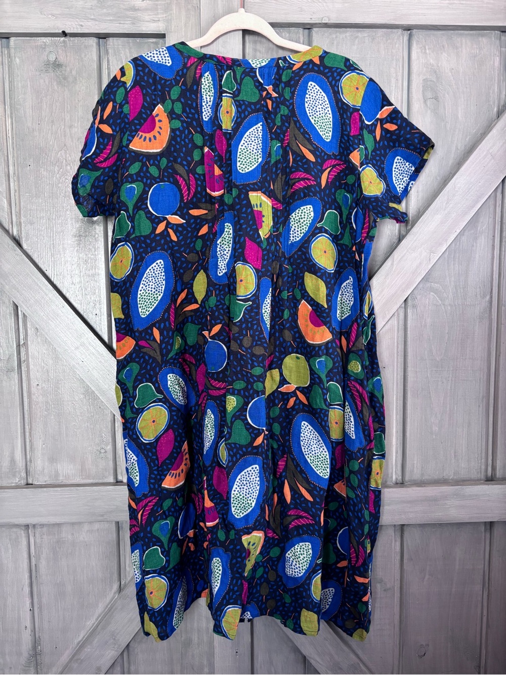 Gudrun Sjoden 100% Linen Blue Black Colorful Fruit Dress lagenlook Size Large - Picture 4 of 11